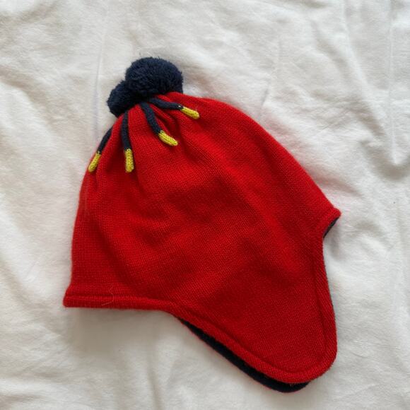 Mini Boden Knit Winter Hat Gender Neutral Red Yellow Navy Blue Puff Ball Size S - Picture 3 of 4